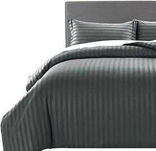 MOONLIGHT20015 King Size Duvet Cover Sets Hotel Quality Stripes Satin Bedding Sets with 2 Pillowcases, Reversible Hypoallergenic Soft Breathable Bed Covers (Navy, King)