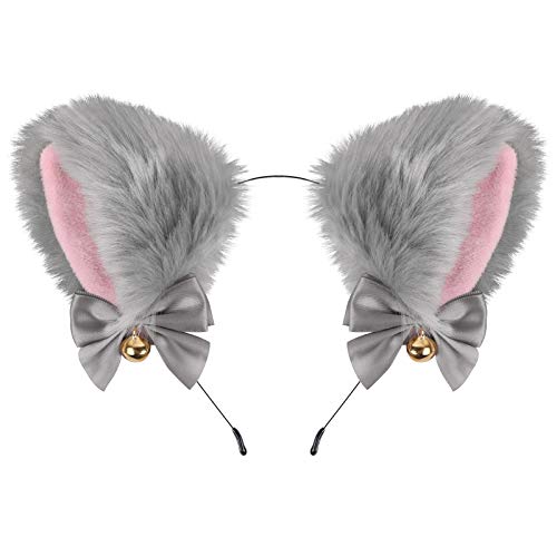 EVERMARKET Cat Ears Headband with Bells, Faux Fur, Anime Fox Wolf Cat Ears Headband Cosplay Accessories, Hairband for Halloween Costume Party Fancy Dress(Gray)