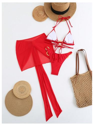 Verdusa Women's 3 Piece Halter String Bikini Set Metal Ring High Cut Swimsuit with Cover Up Skirt2