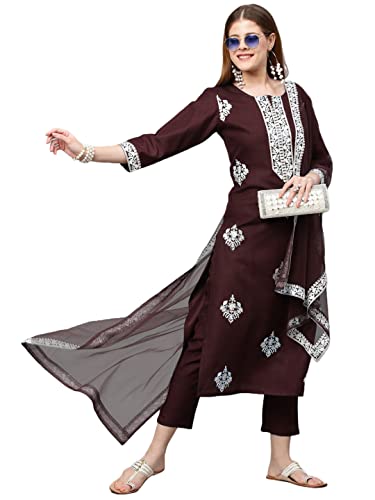 Image of GoSriKi Women's Cotton Blend Straight Embroidered Kurta with Pant & Dupatta