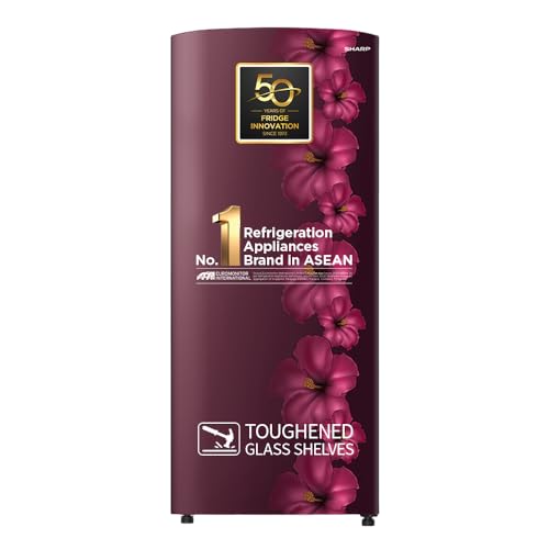 Image of SHARP 187 L Direct Cool Single Door 2 Star Refrigerator | Glass Shelves| 2.25L Bottle Space | Japan 7 Shield Protection | 60 Mins Fast Ice (Hibiscus Red, SJ-DF207N2-PRR)