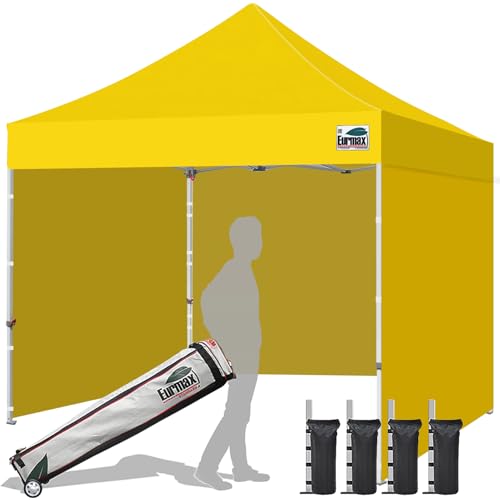 Image of Eurmax USA 10x10 Pop Up Canopy Tent,Commercial Tent with Patented No-Tip Rolling Bag,4 Zippered Removable Walls,UV & Water Resistant Canopy Top,Heavy Duty Outdoor Gazebo,Instant Shelter(Yellow)