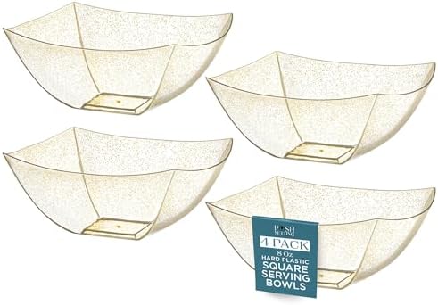 Posh Setting Gold Glitter Plastic Serving Bowls (8oz - 4 Pack) Square Disposable Containers for Party Table, Chips, Candy Buffet, and Salad
