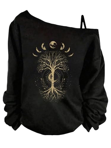 Image of RoseSeek Women's Cold Off Shoulder Denim Print T Shirt Long Sleeve Loose Graphic Tee Tops