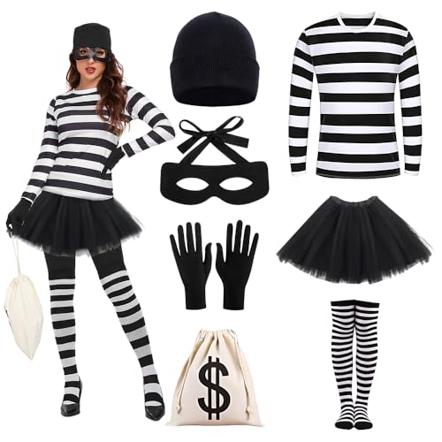 XPJBKC Disfarce de ladrão adulto, disfarce de ladrão mulher com t-shirt, saia curta, meias até ao joelho, gorro de malha, máscara, luvas, carteira, disfarces de carnaval para Halloween cosplay
