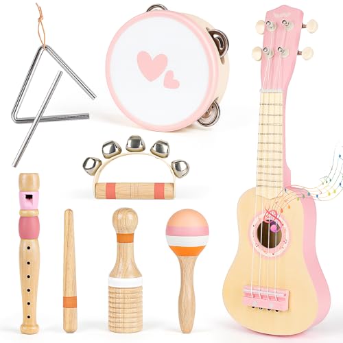 Vanplay 楽器 おもちゃ ウクレレ タンバリン 木のおもちゃ モンテッソーリ 玩具 2 3 4 5 6 歳誕生日プレゼント女の子 早期開発 指先の知育 クリスマスプレゼント 子供 （ピンク）のサムネイル