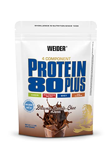 Weider - Protein 80 Plus - 4-Komponenten Protein Pulver - Hoher Proteingehalt mit 80% Eiweiß - Cremige Shakes mit Calcium & Vitamin B6 - 500g - Brownie Double-Choc
