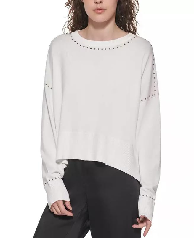 DKNY Womens Studded Crew Neck Pullover Sweater Ivory XL2