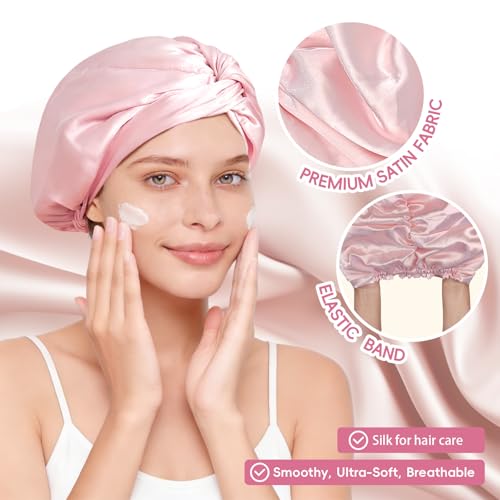 fistmta Silk Bonnet for Sleeping Women, Adjustable Double Layer Satin Bonnet Head Wrap with Soft Elastic Band, Non-Slip Hair Care Bonnets Turban for Long Curly Hair Protection Pink - Thumbnail 2
