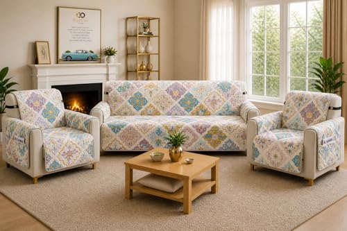 Image of Printed Quilted Sofa Mat for 5 Seater (3+1+1) - Floral Design Slipcover with Armrest, Pockets on Both Sides, Fully Covered Sofa Protector - Multicolor