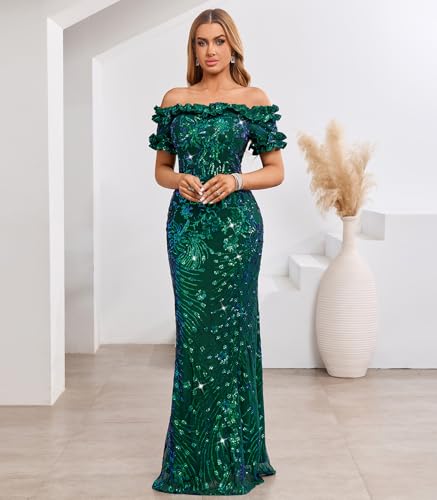 Image of dasmzper Women Sexy Sequin Off Shoulder Ruffle Short Sleeve Bodycon Mermaid Party Formal Evening Maxi Dress