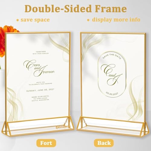 Image of Climberty 4 Pack Acrylic Gold Sign Holder, Double Sided A4 Menu Stand, Clear Vertical Table Display for Restaurant Menus, Office Flyers, Acrylic Photo Frame, Desk Brochure Holder