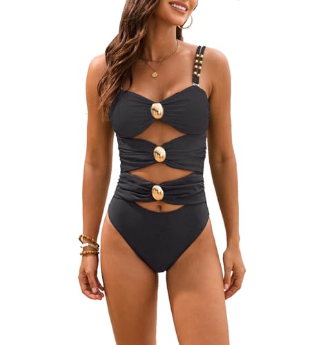 SALENT Womens One Piece Swimsuits 2025 Cutout Colorblock Swimwear Sexy Ruched Bathing Suits (Large, Black) - image 1