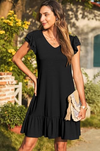 Image of Dokotoo Womens Summer Dresses 2025 Ruffle Short Sleeve Smocked V Neck Casual Loose A-Line Swing Mini Dress Sundress
