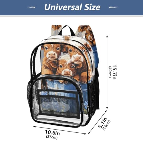 Cute Highland Cow Blue Flower Clear Backpack Heavy Duty See Through Transparent PVC BookBag for Kids Boy Girl School Work4