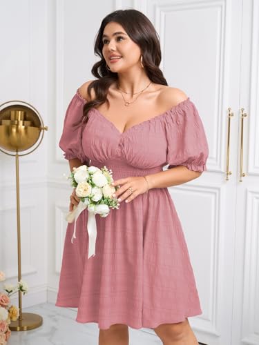Image of SCOMCHIC Womens Plus Size Summer Dresses Casual Sun Dress Sweetheart V Neck Puff Short Sleeve Smocked A Line Mini Dress