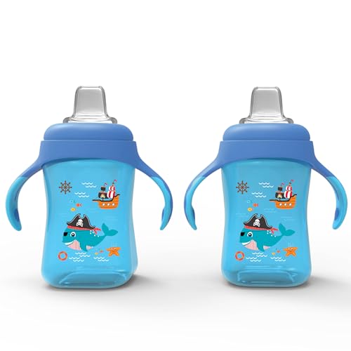 Image of Avima 10 oz Trainer Sippy Cup w Handles & Soft Silicone Spout (Set of 2) | Spill Proof Cup with Cover. Blue Pirate Design