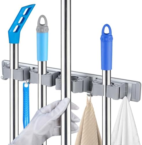 Vicloon Broom Holder Wall, 4 Brackets and 5 Hooks Hanger Broom Ho...