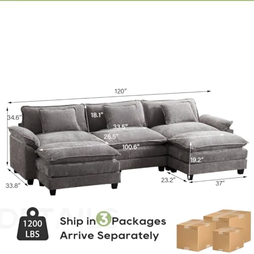 Image of Modern U Shaped Sectional Sofa, Plush Chenille Upholstery, Extra Deep Seats with Throw Pillows for Living Room Office Hotels (Grey)