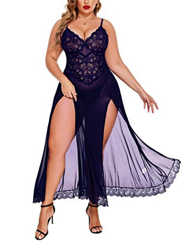 Avidlove Plus Size Lingerie For Women Babydoll Sexy Mesh Maxi Nightdress Strappy Exotic Sleepwear Side Slits