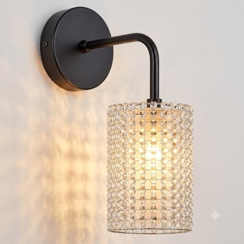 Image of Antique Modern Single Black Wall Light with Silver Crystal Acrylic Glass Shade Hanging Sconce Lamps Design for Bedroom Living Room Bathroom Bedside Vanity Hall Home Decor Hotel Bar