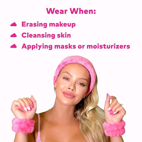 Image of Drip Eraser by The Original Makeup Eraser, Absorbent Headband and Wristbands Collect Water During Face Washing, 3 Piece Spa Set, One Size Fits Most, Original Pink