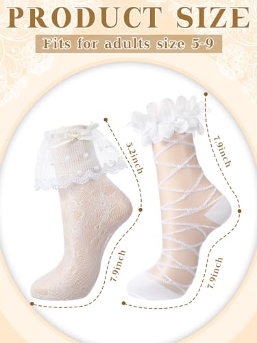 4 Pairs Women's Lace Socks Ruffle Cuff Lace Anklet Socks with Trim Kawaii Lolita Boot Stockings, White Black3