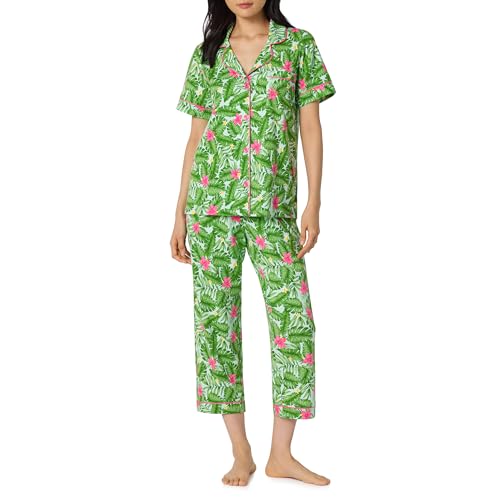 Image of Bed Head PJs Organic Cotton Short Sleeve Cropped Pajamas for Women Set | Womens Pajama Sets Matching 2 Piece Button Down PJ Shirt & Capri Pants with Pockets- Soft Cozy Jersey Sleepwear & Loungewear