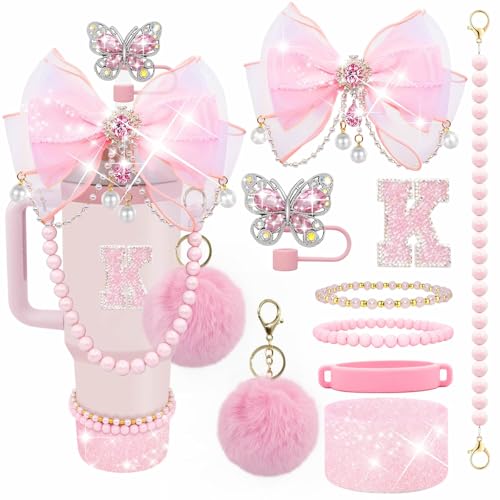 Letter Stickers Bling Accessories Set for Stanley 40/30/20 oz Tumbler: Bow Straw Topper Charms Butterfly Cap Pearl Strap Silicone Boot Accessories for Stanley Quencher H2.0 (K Pink Peony)