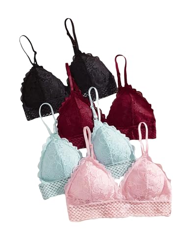 Image of RoseSeek Women's 4 Pack Floral Lace Adjustable Straps Wireless Bra Scallop Trim Molded Bralettes Sets