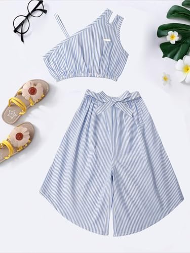 Image of A.T.U.N. (ALL THINGS UBER NICE) Girls Blue Stripe Leslie Co-ord Set | Sleeveless Top and Capri Set