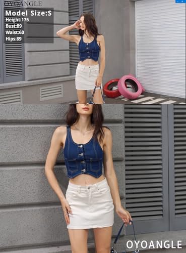 OYOANGLE Women's Button Front Denim Vest Tank Top Scoop Neck Sleeveless Jean Waistcoat4