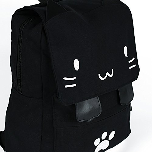 Demonchest Black College Cute Cat Embroidery Canvas School Backpack Bags For Kids Kitty(White) #TOP3