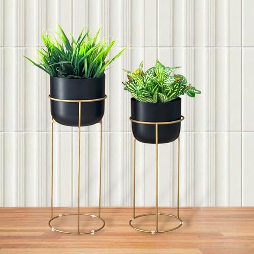 Image of Decorative Black Planters with Gold Stands for Indoor Plants | Metal Planters for Living Room Bedroom Balcony Home and Office | Set of 2