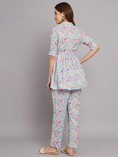 Image of Women's Cotton Regular Fit V Neck Printed Top with Trouser Co-ords Set with Fashion & Elegant Design (1 Top 1 Pant 1 Belt)