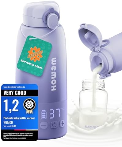 Tragbarer Flaschenwärmer Baby unterwegs mit Selbstreinigungsfunktion, 100W Schnellaufwärmung für Muttermilch, 450ml Kapazität, Akku für 2–3 Erwärmungen bei 450ml (Lavendel Violett)