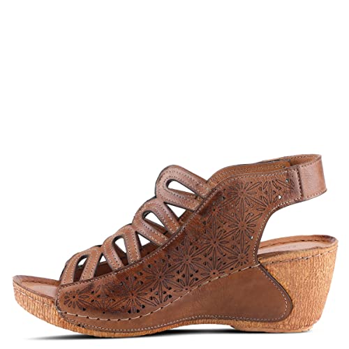 Image of Spring Step Inocencia Women's Leather Wedge Sandals | Low Heel Sandals for Women with Floral Laser Cut Design, Hook and Loop Strap, Mediterranean Style