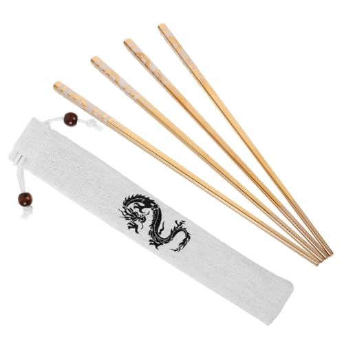 Beaupretty 龍模様の軽量ステンレス製箸 家用金属製調理箸 実用的で持ち運び便利 袋付き アジアンディナーに