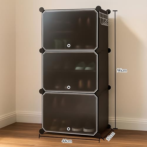 Image of Zemic Multipurpose Modular Plastic Shoe Rack for Home with Door | 𝟔 𝐒𝐡𝐞𝐥𝐟 Stackable Organizer | Waterproof & Dustproof | Space Saving Storage for Home, Bedroom & Entryway【Black, 3-Door-6-Shelf】