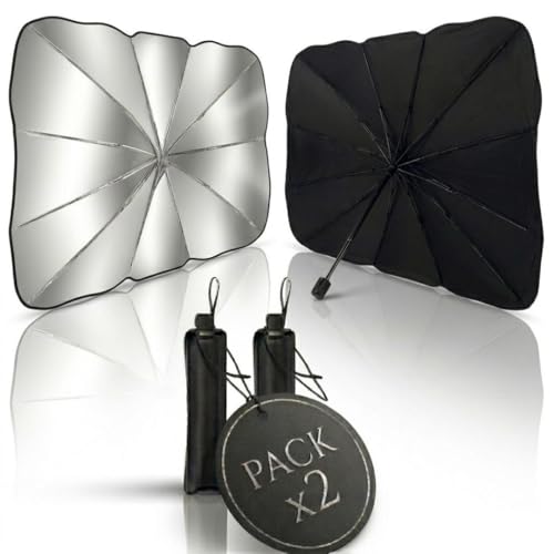 Parasol Coche Delantero (Pack de 2) Protector Solar SUV y Camión Parasol Paraguas Coche Resiste a los Rayos UV Parasol Plegable con Revestimiento de Titanio (140 cm x 80 cm)