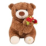 Oso de peluche | Muñeca suave y tierna que sostiene un ramo de rosas, juguete de peluche con forma de animal acolchado - Para niños, adultos, mujeres, hombres, niños, y niñas