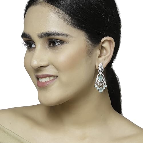Image of ZENEME Rhodium-Plated American Diamond Studded Oval & Leaf Shaped Drop Earrings For Girls and Women