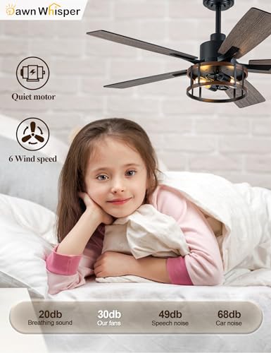 Image of Dawn Whisper Farmhouse Ceiling Fans with Lights 52 Inch Black Caged Rustic Ceiling Fan for Bedroom Living Room and Patio Reversible Quiet DC Motor 6 Speeds