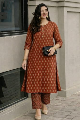 Image of ANNI Designer Kurta Set for Women Viscose Printed | Kurti Set for Woman | Kurta Pant Set | 2 Piece Set Women | Mandarin Neck 3 /4 Sleeve Regular Fit Stylish Ethnic Outfit Clothing