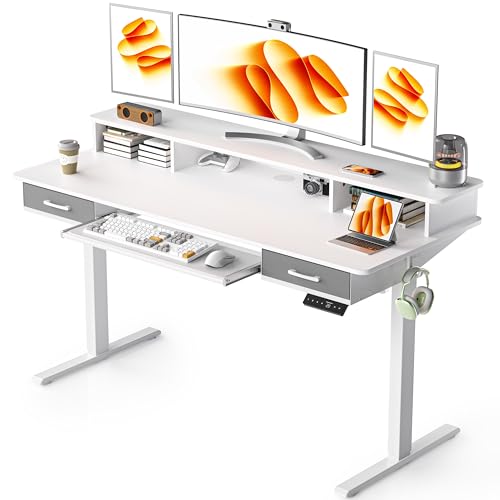 WALKINGDESK Höhenverstellbarer Schreibtisch Elektrisch mit Tastaturablage, 140x60 cm Height Adjustable Desk mit 2 Schubladen, Computertisch mit Monitorständer für Home Office Büro, Weiß