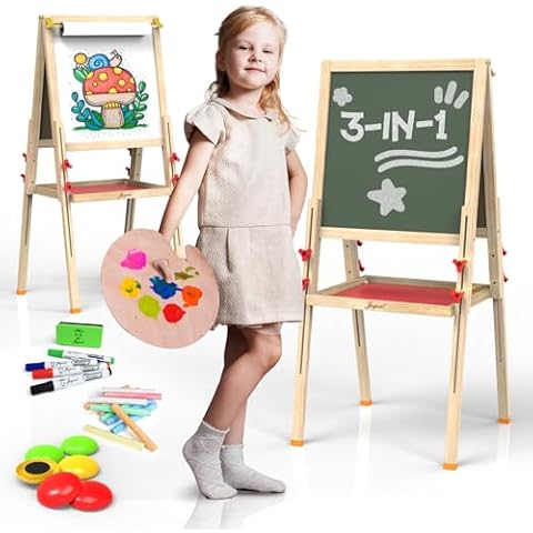 JOYOOSS Easel for Kids Art Easel Kids Easels for Toddlers Easel, Toddler Art Easel Dual-Sided Adjustable Wooden Magnetic Board for Kids Easel for Toddlers 3-4 Years and Art Easel for Kids Ages 4-8 Cover