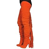 Frankie Hsu Sexy Orange Tassel Chunky Over The Knee Boots, Faux Suede Leather Classic Thigh High Style, Fashion Large Big Size Block Heels Long Shoes For Women