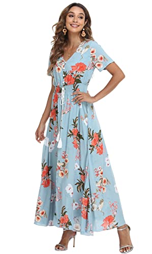 Image of VintageClothing Women's Floral Maxi Dresses Boho Button Up Split Summer Casual Long Dress Beach Party Dress