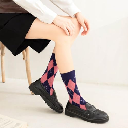 Argyle Socks Retro High Ankle Women 5 Pairs British Style Cute Plaid Mid-calf Casual Crew Socks4