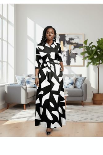Image of Runwind Women Church Maxi Dresses 3 /4 Sleeve Button Down Print Casual Office Dress African